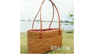 beach handbag natural design ata straw rattan hand woven leather
